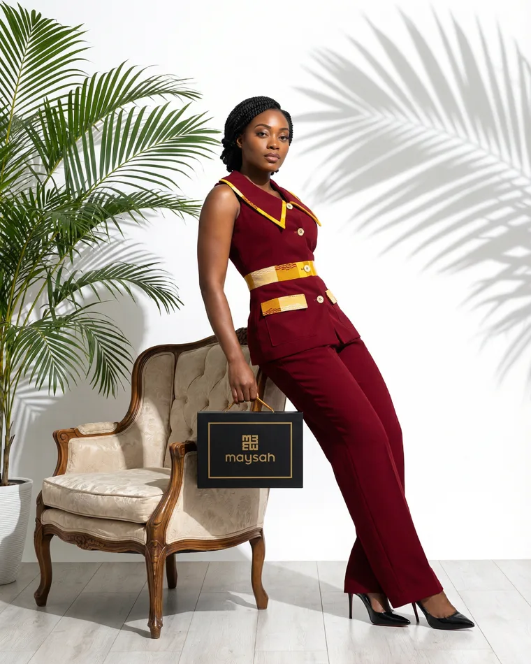 Éditorial mode créé à l'ACIA : femme en tailleur bordeaux et or