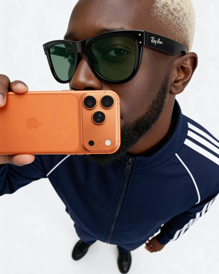 Publicité tech créée à l'ACIA : smartphone orange et lunettes de soleil