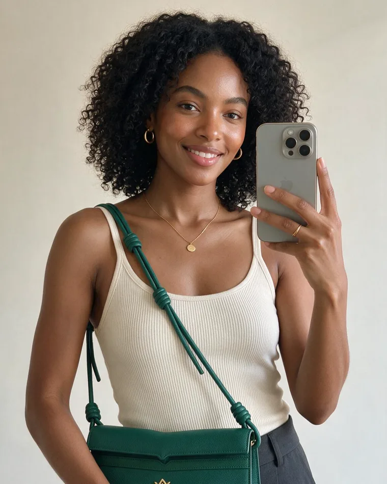 Contenu lifestyle créé à l'ACIA : sac à main vert porté en selfie miroir